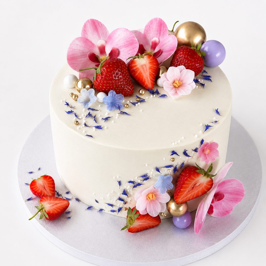 Monifique Pâtisserie — Torte mit Erdbeeren und Orchidee